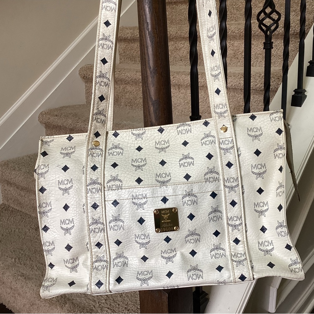 MCM Ivory and Black Logo Tote Bag